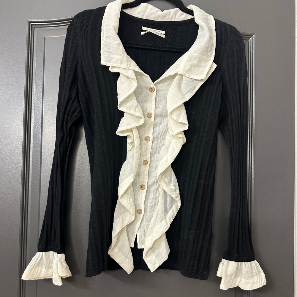 Anthropologie Black and Cream Ruffle Sweater